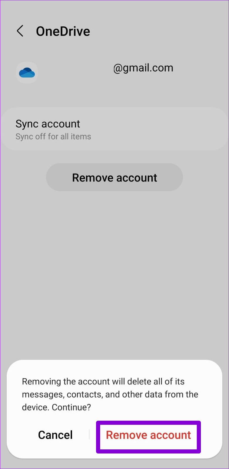   Potvrďte odstránenie účtu OneDrive z telefónu Samsung