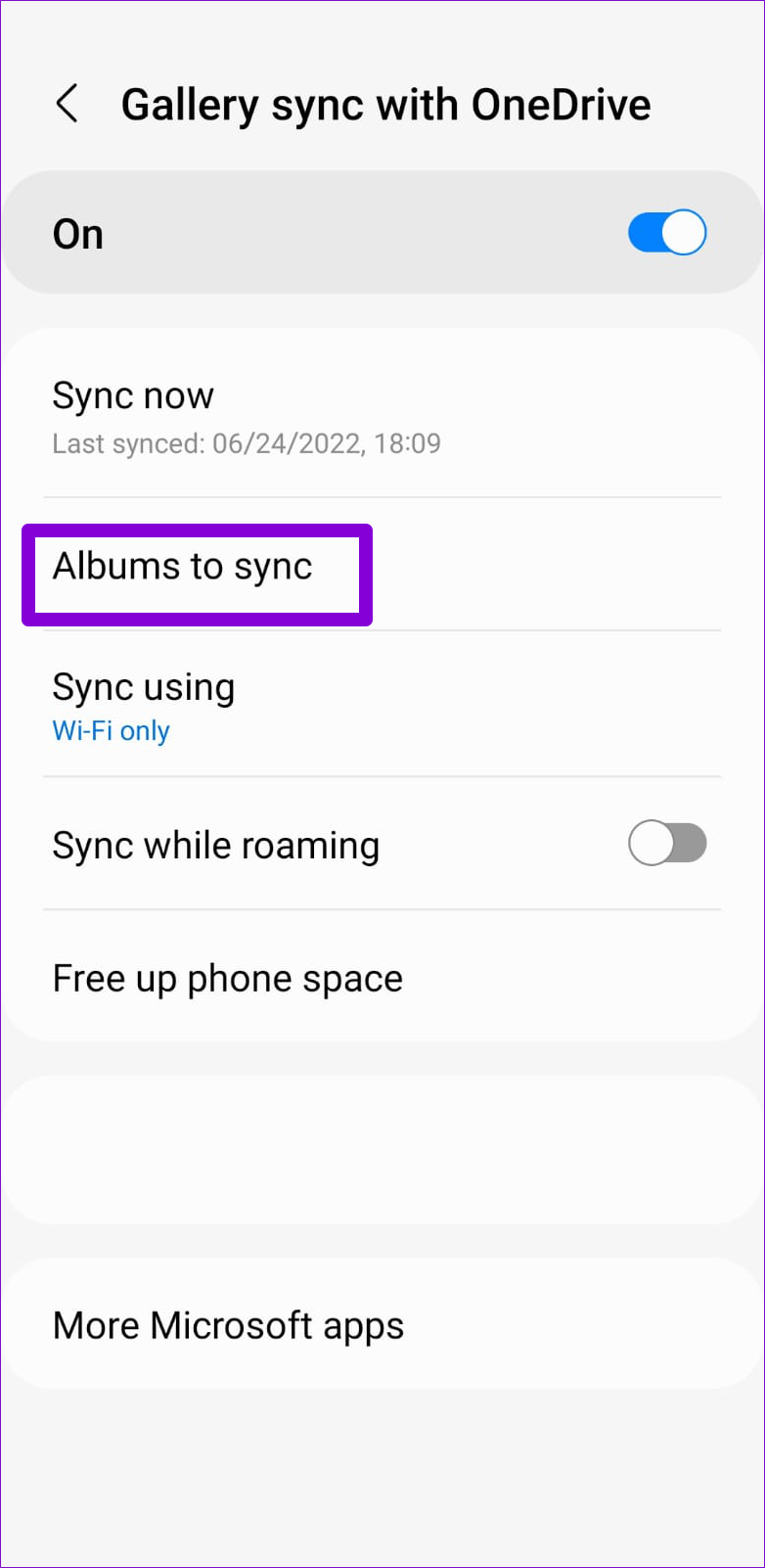   Vyberte Albumy pre synchronizáciu OneDrive v aplikácii Galéria