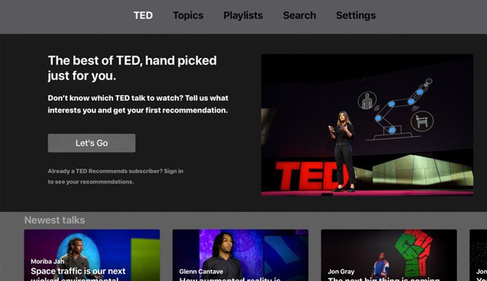 Snimka zaslona aplikacije TED za Apple TV