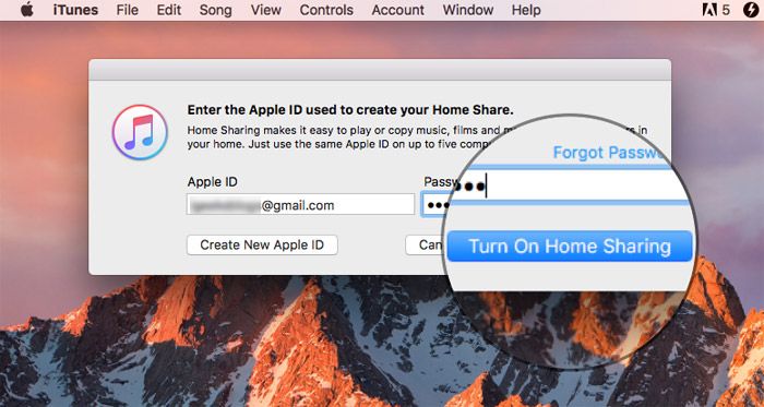 Skriv inn Apple ID og passord, og klikk deretter på Slå på hjemmedeling på Mac