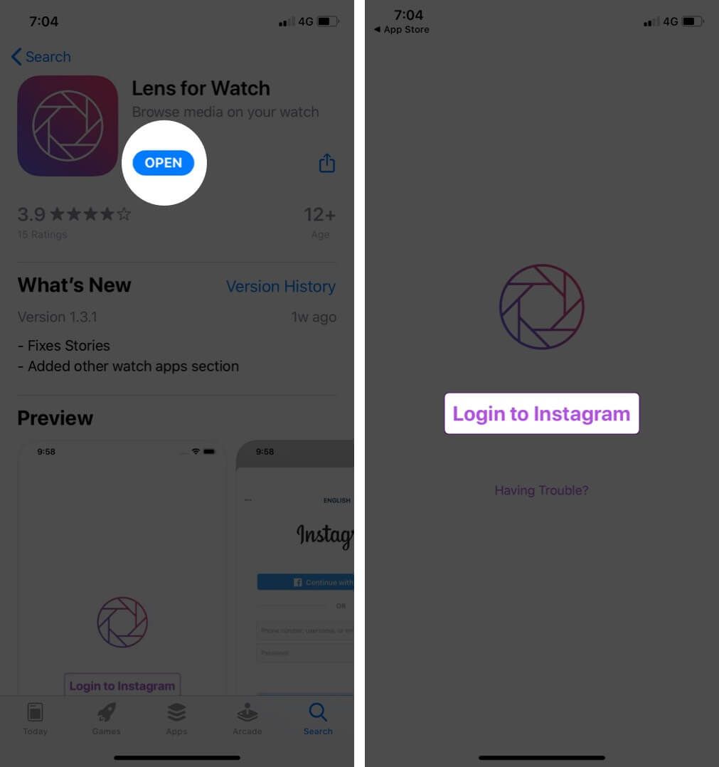 Stuknij w aplikację Obiektyw i wybierz preferowaną opcję z menu na Apple Watch