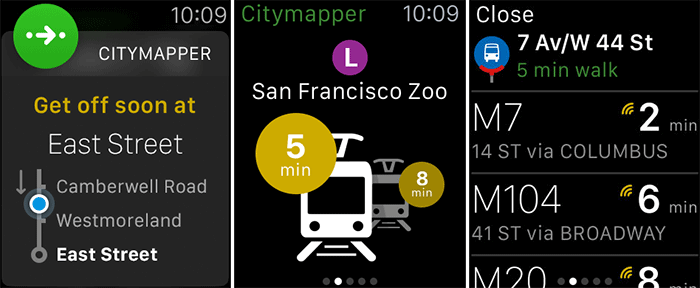 „Citymapper“ tranzito navigacijos „Apple Watch“ programos ekrano kopija