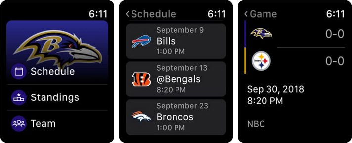 Snimka zaslona Baltimore Ravens Mobile Apple Watch Sports App