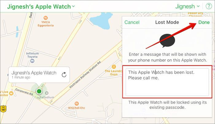 Skriv en kort melding og klikk på Ferdig for å sette Apple Watch i tapt modus