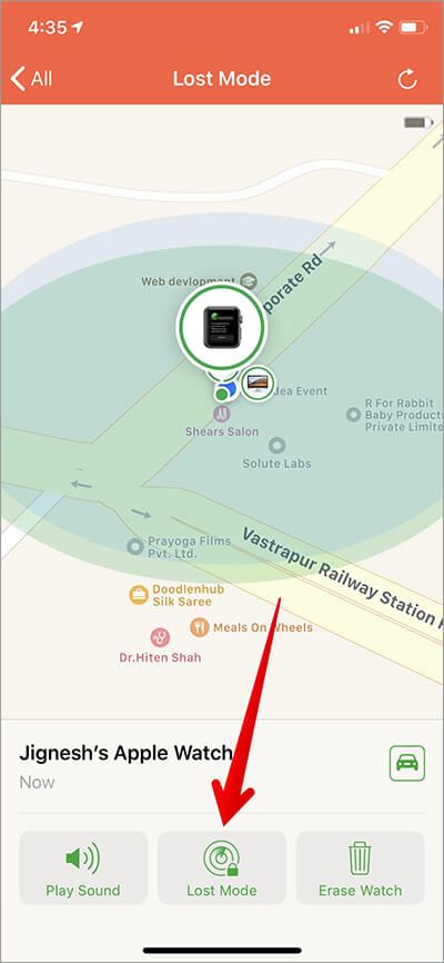 Trykk på Lost Mode Apple Watch i Finn min iPhone-app