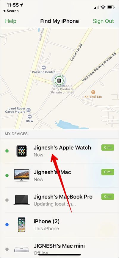 Trykk på Apple Watch i Finn min iPhone-app