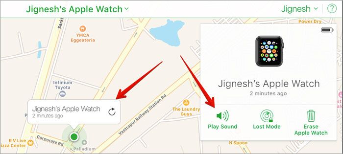 Feu clic a Reprodueix un so per localitzar Apple Watch a l’iCloud Cerca l’iPhone