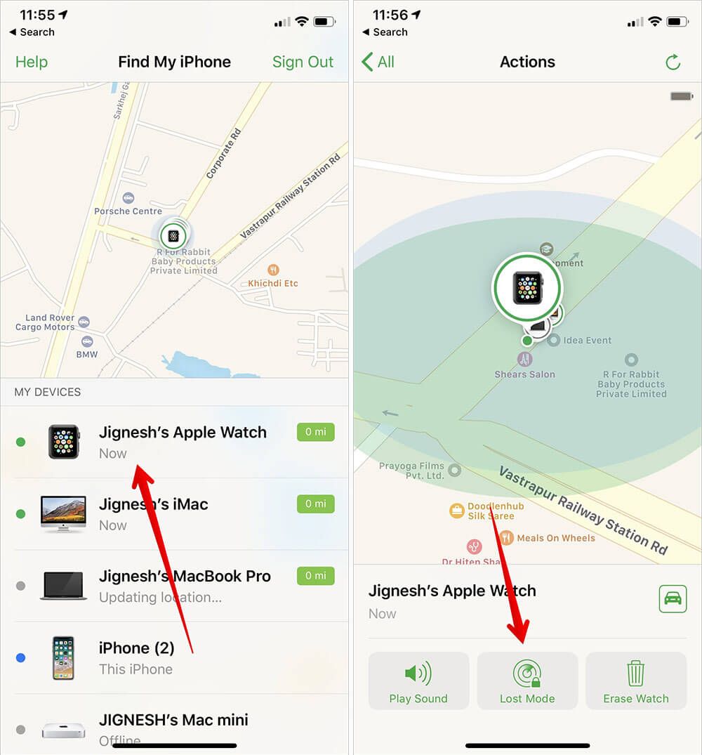 Trykk på Apple Watch og trykk deretter på Lost Mode i Finn min iPhone-app