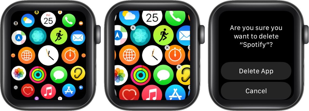 trykk på tre prikker og trykk på fjern for å slette musikk for å frigjøre plass i Apple Watch