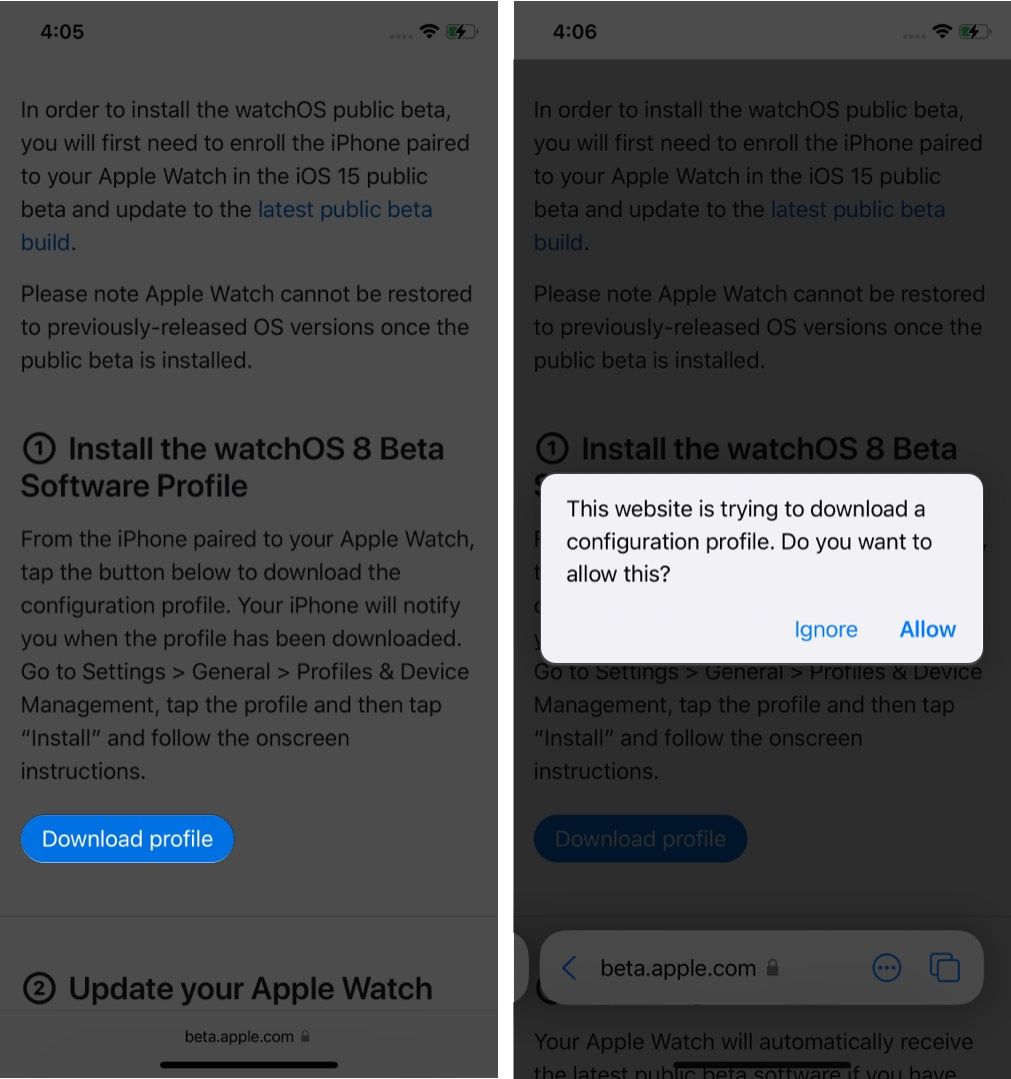Pre verejnú beta verziu watchOS 8 klepnite na Stiahnuť profil