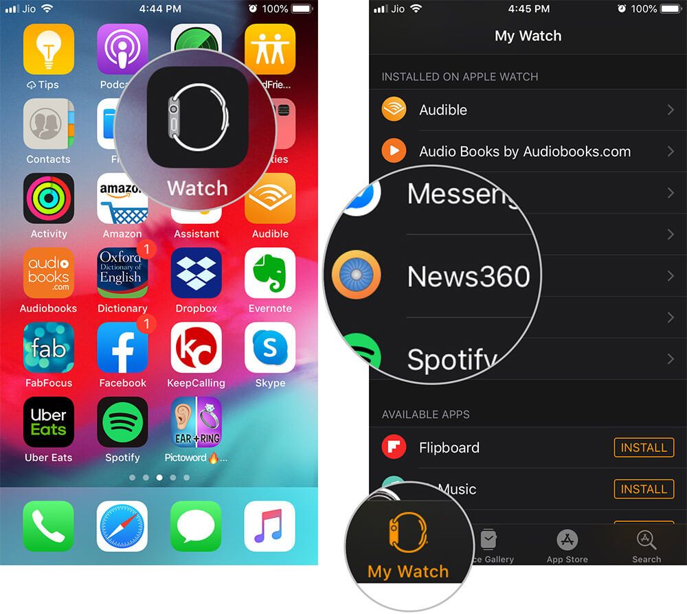 Atidarykite „Watch App“ „iPhone“ ir bakstelėkite norimą ištrinti programą