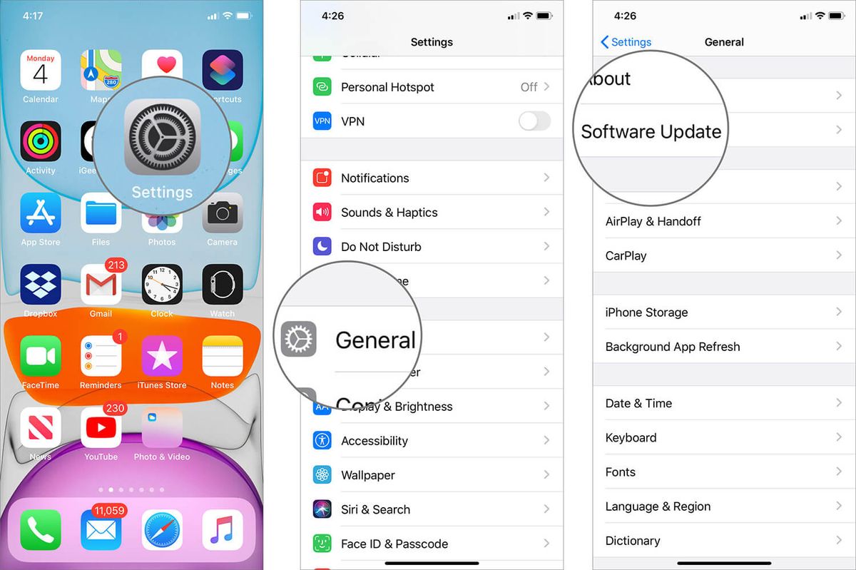 Tryk på Softwareopdatering i iOS 13 Indstillinger-app på iPhone