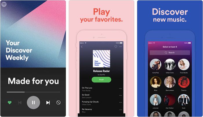 „Spotify“ muzikos transliacijos „iPhone“ ir „iPad“ programų ekrano kopija
