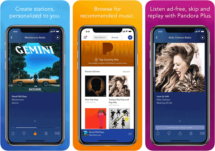 „Pandora“ muzikos transliacijos „iPhone“ ir „iPad“ programų ekrano kopija