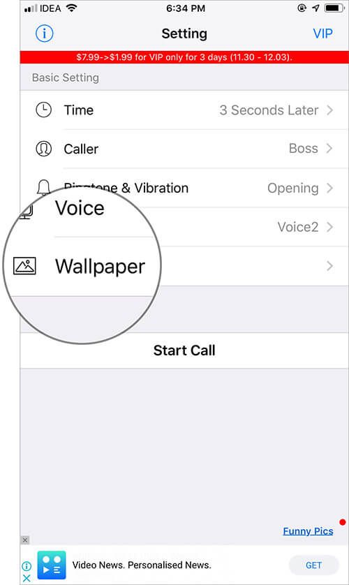 Stuknij w opcję tapety w aplikacji iPhone Fake Call Plus