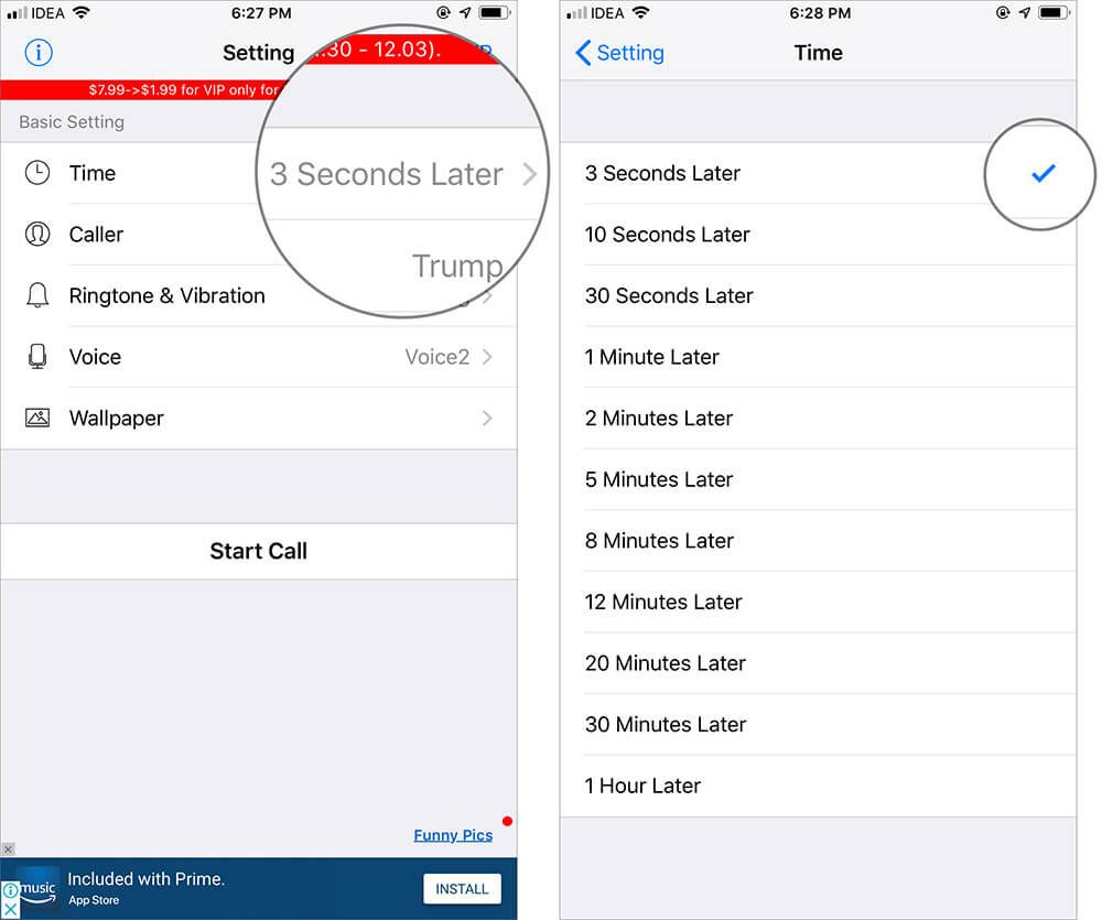 Stuknij w Czas i wybierz timer w aplikacji iPhone Fake Call Plus