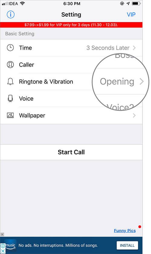 Stuknij w opcję Dzwonek i wibracje w aplikacji iPhone Fake Call Plus Plus