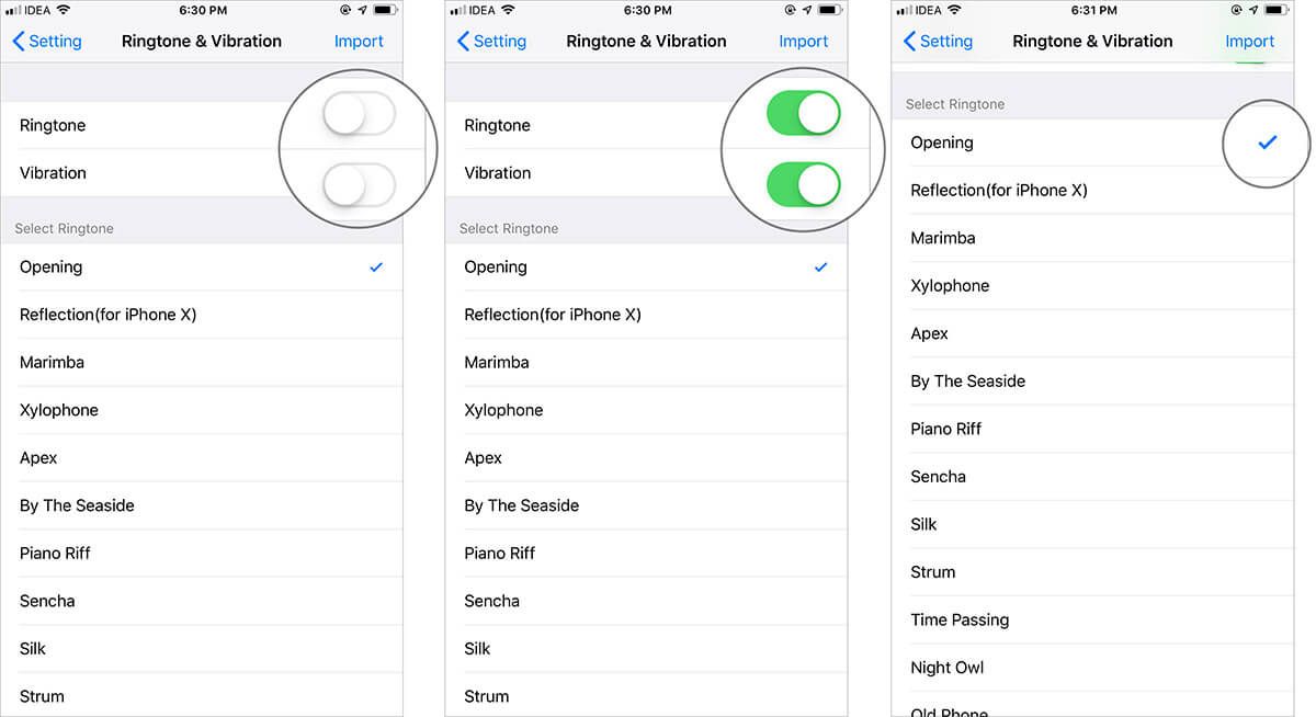 Włącz przełącznik obok dzwonka i wibracji i wybierz dzwonek w aplikacji iPhone Fake Call Plus