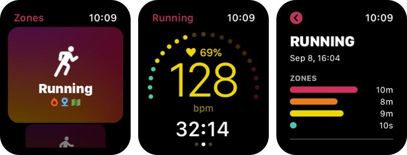 Ζώνες για προπόνηση Παρακολούθηση καρδιακού ρυθμού Στιγμιότυπο οθόνης εφαρμογής Apple Watch