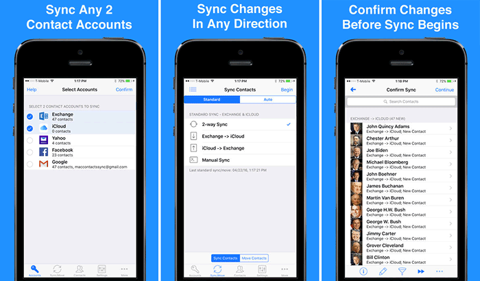 संपर्क प्रस्तावक और खाता सिंक iPhone ऐप स्क्रीनशॉट