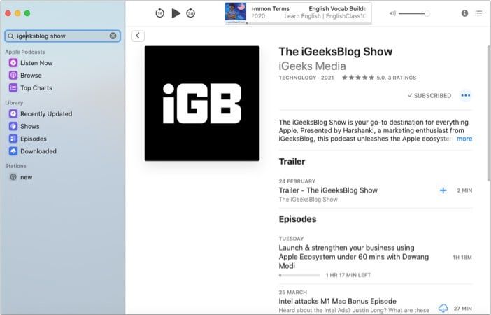 Aplikacija Apple Podcasts za Mac