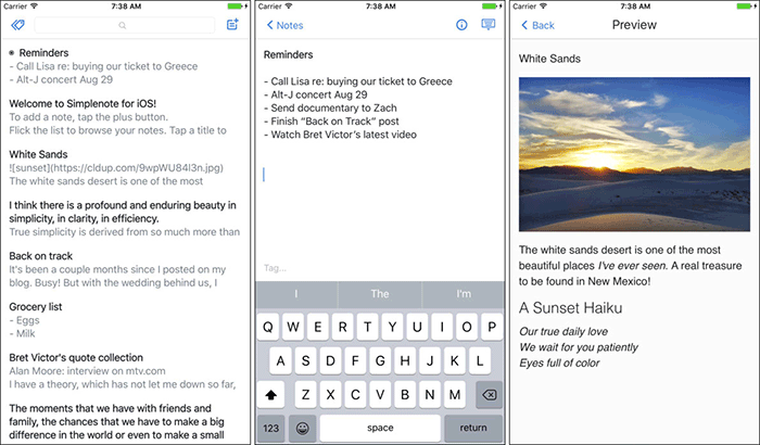 Captura de tela do aplicativo Simplenote Productivity para iPhone e iPad