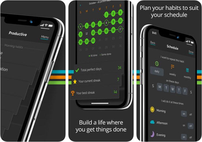 Snimka zaslona aplikacije za produktivne navike za praćenje navika iPhone i iPad