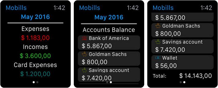 Snimka zaslona aplikacije Mobills Budget Planner Apple Watch App
