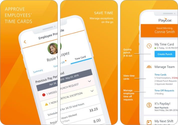 Screenshot aplikácie Paycor pre mobilné zariadenia iPhone a iPad