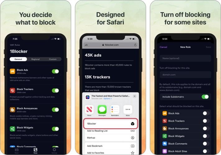 Screenshot obrazovky aplikácie iPhone na blokovanie súkromia a blokovanie reklám 1Blocker