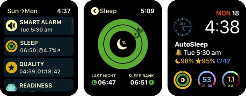 „Autosleep track“ miego „Apple“ laikrodžio signalizacijos programos ekrano kopija