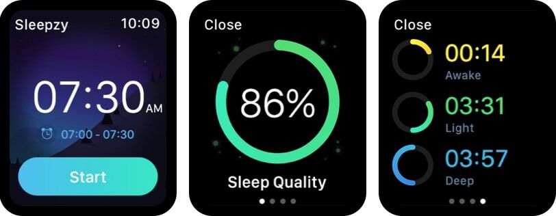 sleepzy - miego ciklo stebėjimo „Apple“ laikrodžio žadintuvo programos ekrano kopija