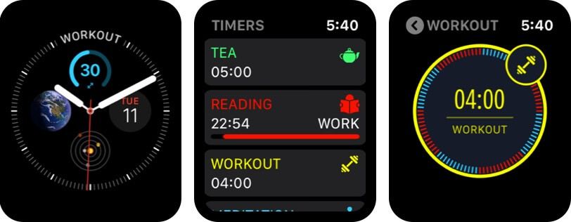 „Multitimer Apple Watch“ žadintuvo programos ekrano kopija