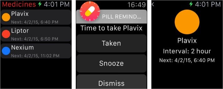 tablečių priminimas apie vaistus „Apple Watch“ žadintuvo programos ekrano kopiją