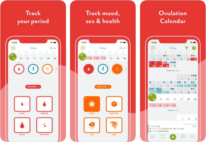 Clue Period Tracker Screenshot aplikácie pre iPhone a Apple Watch