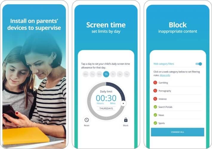 Snimka zaslona aplikacije Qustodio za iPhone i iPad za roditeljsku kontrolu