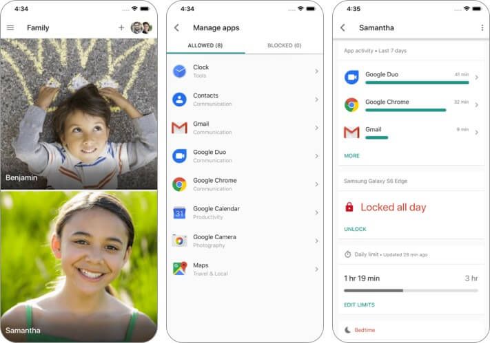 Snimka zaslona aplikacije Google Family Link za roditelje za iPhone i iPad