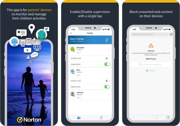 Snimak zaslona aplikacije Norton Family za roditelje iPhone i iPad