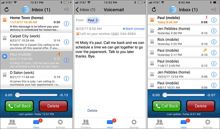 „AT&T“ balso pašto peržiūros priemonės „iPhone App“ ekrano kopija
