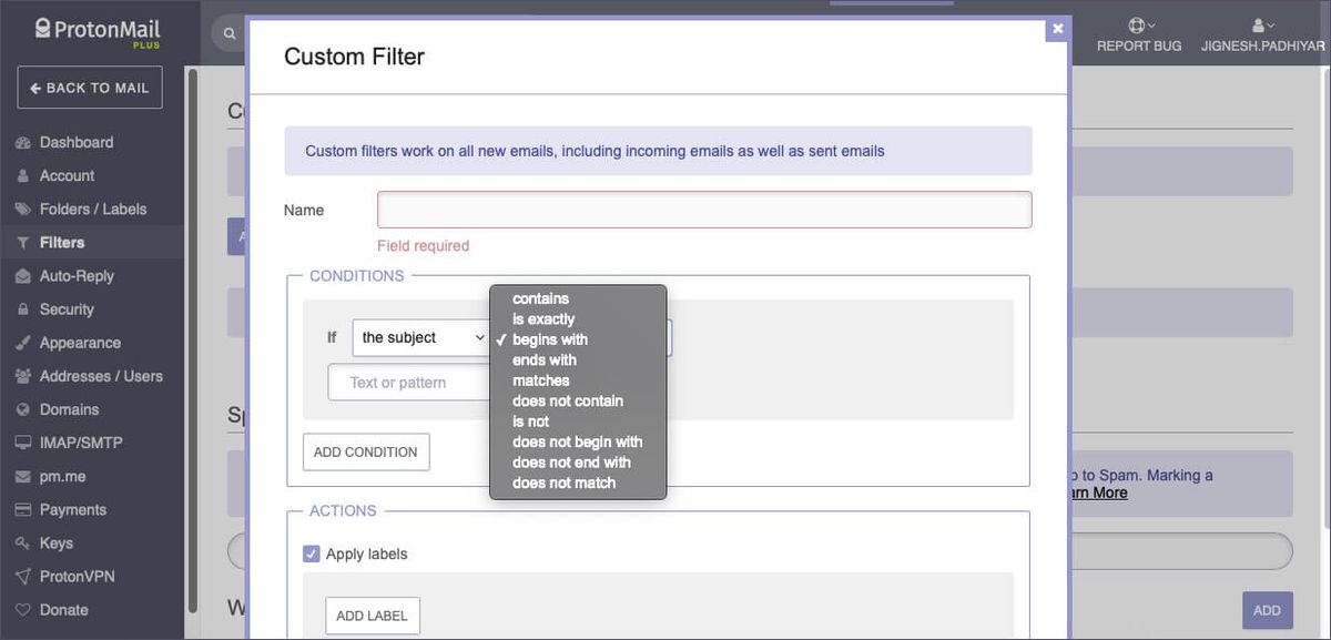 E-mailový filter ProtonMail