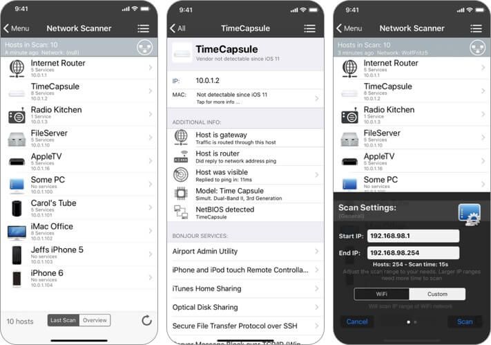 आईनेट नेटवर्क स्कैनर आईफोन और आईपैड वाईफाई विश्लेषक ऐप स्क्रीनशॉट app