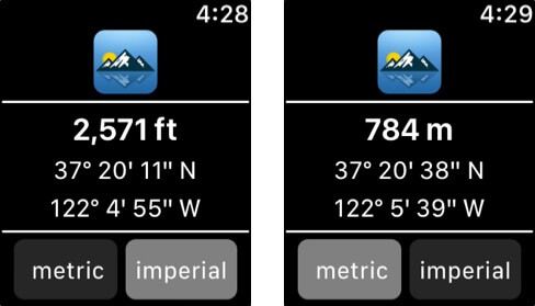 Zaslon aplikacije App Watch Altimeter and Elevation za Apple Watch