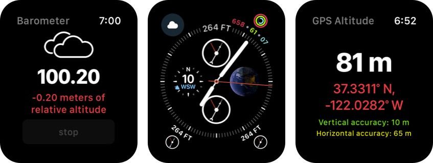Snimka zaslona aplikacije Apple Watch s visokim barometrijskim visinomjerom