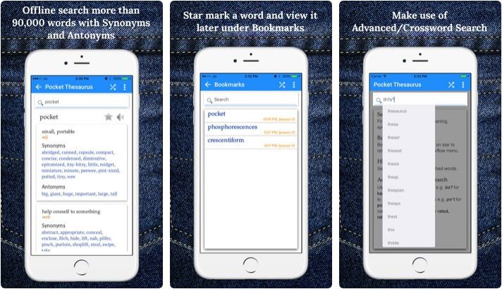 „Pocket Thesaurus iPhone“ ir „iPad App“ ekrano kopija