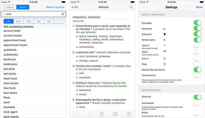 „WordWeb Dictionary“ „iPad“ ir „iPhone“ tezauro programos ekrano kopija