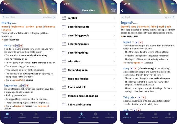 „Oxford Learner Thesaurus iOS App“ ekrano kopija