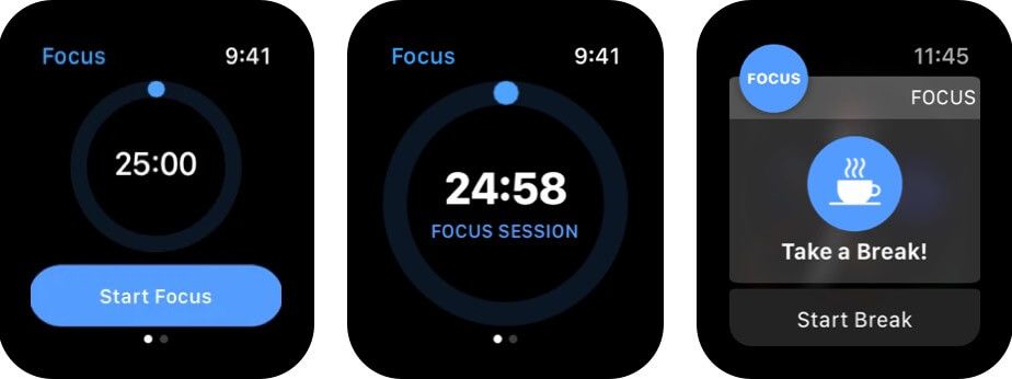 Screenshot der Focus Time Management Apple Watch-App