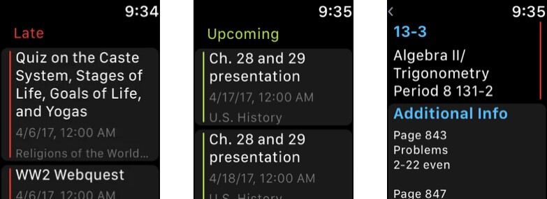 Plánovač študentov MyHomework Screenshot aplikácie Apple Watch