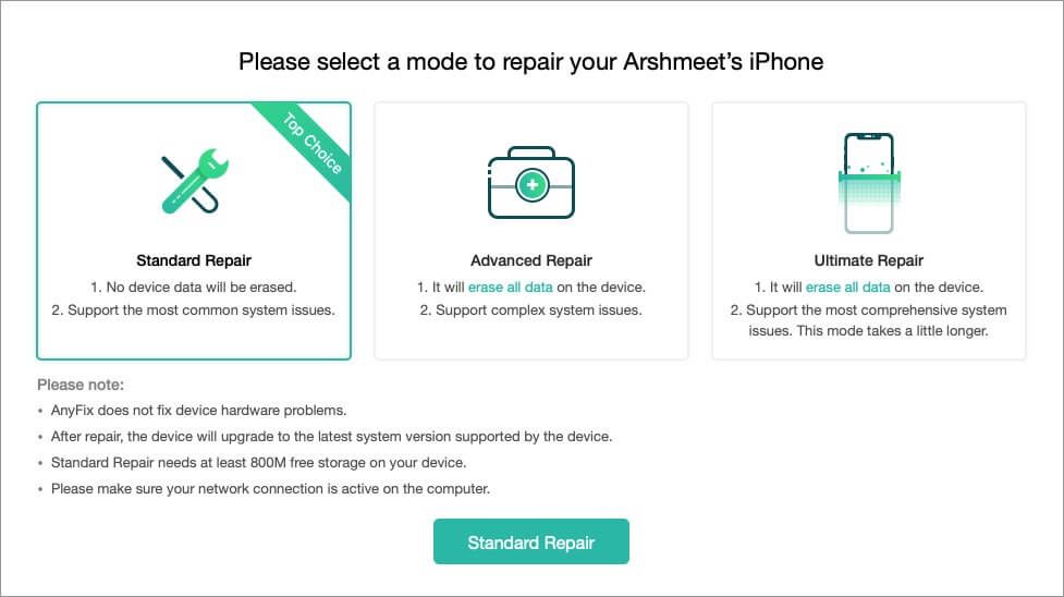 odaberite željenu opciju za resetiranje iOS uređaja pomoću bilo kojeg softvera za oporavak