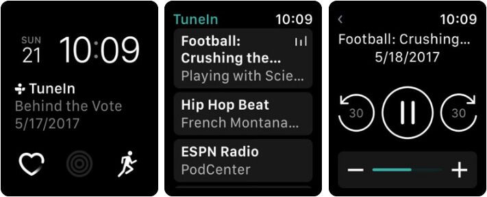 Snimka zaslona aplikacije TuneIn Apple Watch Podcast